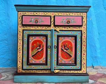 Hand-Painted Peacock Nightstand: Solid Mango Wood Indian Art Bedside Table