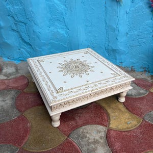 Wooden BeautiFul Solid Mango Wood With Painted White Gold Bajot,Chokki Table,Pooja Ghar Stand,Home Decor kitchen Furniture