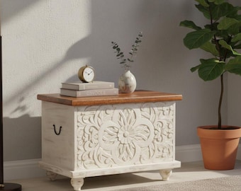 Baúl de madera tallado a mano, con diseño floral encalado, para guardar mantas