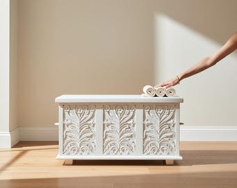 White Washed Carved Wood Trunk, Indian Accent Storage Box