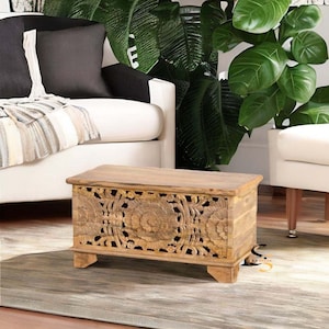 Wooden Carved Trunk Box | Handcrafted Natural Finish Blanket Box | Living-room Accent Coffee Table | Wood Storage Box With Coffee Table