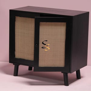 Mango Wood Rattan Woven Chic Cabinet, Indian Boho Storage Unit Rattan Cabinet, Living Room Decor Rattan Nightstand Table In Black Finish
