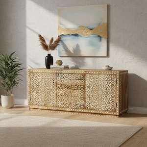 Mango Holz geschnitzter Konsolenschrank, indischer Akzent Medieneinheit