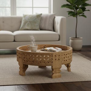 Mango Wood Chakki Table, Indian Carved Accent Chakki coffee table, Round wooden coffee table, Hand carved coffee table home livingroom decor