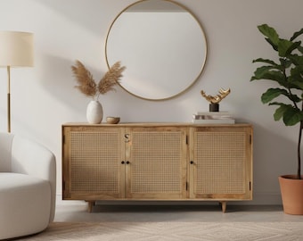 Credenza in legno di mango, mobiletto in rattan, consolle multimediale boho