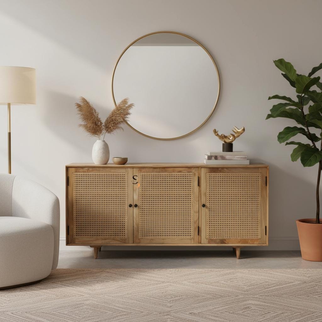Mango Wood Rattan Sideboard Cabinet - Mid Century Modern Buffet Credenza with Woven Webbing Doors & Drawers