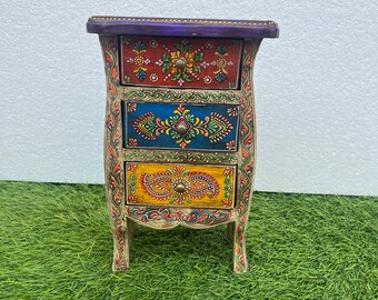 Wooden Solid Wood 3 Drawer Table With Painting, Chest Table For Home And Office,Beautiful Indian Home Decor Firniture