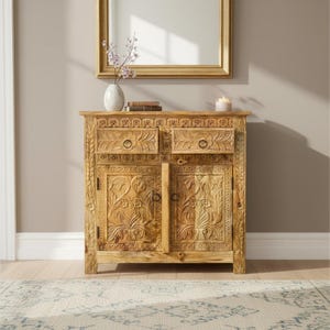 Gabinete tallado floral en madera de mango, mesita de noche de estilo bohemio étnico