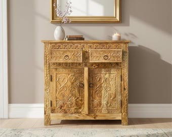 Mango Wood Floral Carved Cabinet, Boho Ethnic Nightstand