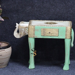 Wooden Brass Fitted Elephant Stool | 1 Drawer Handcrafted Solid Wood Stool | Painted Coffee Table | Bedroom Nightstand | Compact Side Table