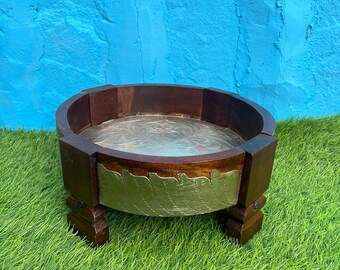 Wooden Brass Fitted Round Coffee Table,Chakki Table ,Round Center Table,Polished Furniture For Home,Mill Table