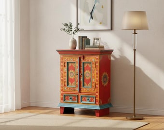 Mango Wood Indian Nightstand, Boho Mandala Painted Bedside Cabinet