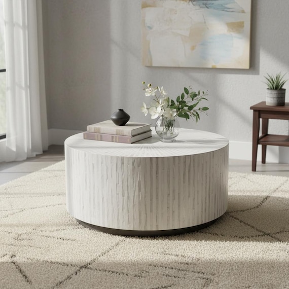 Striped Bone Inlay Round Coffee Table, Boho Centerpiece