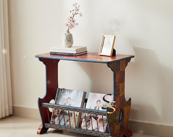 Hand Painted Wooden Side Table, Magazine Holder End Table, Rajasthani Folk Art Accent Table, Traditional Indian Handicrafts Newspaper Rack