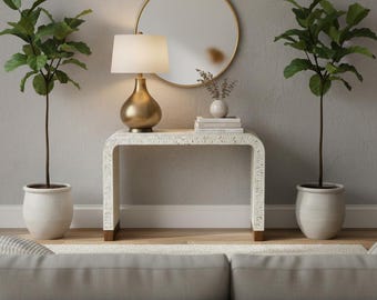 Handcrafted Bone Inlay Console Table, Floral Entryway Bench, Boho Decor