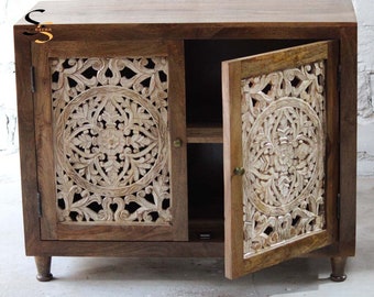 Wooden Cabinet/ Solid Wood Beautiful Cabinet /Mango Wood With Carved Sideboard /Shelves Cupboard /Living Room Furniture/ Home Décor Cabinet