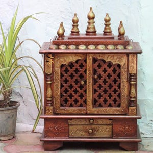 Copper Finish Wooden Wall Temple: Indian Pooja Mandir for Home Decor
