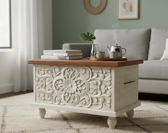 Mesa de centro tipo baúl de madera de mango tallada con motivos florales, decoración boho
