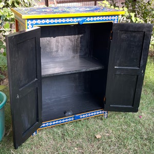 Wooden Painted Cupboard For Living Room Side.Mango Wood Painted By Indian Villagers,Rajasthani Blue Painted Furniture, Bedside Table image 8