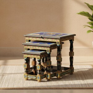 Mango Wood Nesting Stool Set of 3: Painted Flower Stand, Handicraft Tables