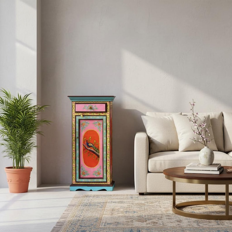 Peacock Painted Tall Cabinet, Boho Indian Mango Wood Dresser image 7