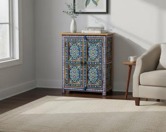 Hand-Painted Floral Mango Wood Bedside Cabinet, Indian Art Side Table