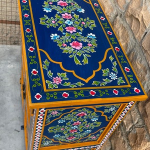 Wooden Painted Cupboard For Living Room Side.Mango Wood Painted By Indian Villagers,Rajasthani Blue Painted Furniture, Bedside Table image 5