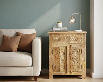 Mango Wood Floral Carved Cabinet, Boho Nightstand