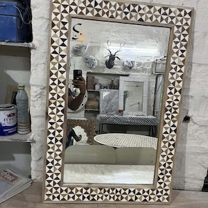 Wooden Rectangle Bone Inlay Wall Mirror | Handcrafted Inlay Wall Art with Glass | Bone Inlay Vanity Mirror | Home Décor Wall Hanging Mirror