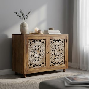 Consola de madera de mango, tallada con motivos florales, aparador de madera maciza