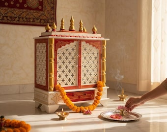 Traditional Indian Hand-Painted Wooden Home Temple – White & Red Pooja Mandir with Storage Drawer Handcrafted Puja Cabinet Altar decor