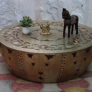 Handcrafted Mango Wood Coffee Table with Brass Inlay - Boho Decor
