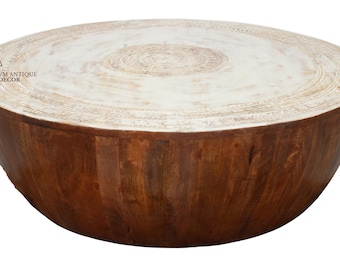 Mesa de cóctel de madera, mesa de centro india, mesa de tambor redondo, mesa auxiliar de color blanco ahogado, mesa auxiliar de sofá, mesa central