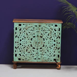 Wooden Cabinet Carved Sideboard – Saga Green Mango Wood Cabinet with Shelf, Indian Art Furniture, Home Décor Cupboard