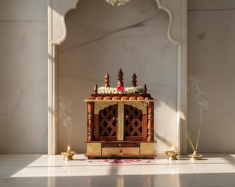 Mango Wooden Home Mandir Temple Brass Detail, with Storage Drawer, Indian Carved Pooja Altar, Tabletop Prayer wall Shrine Cabinet,