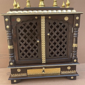 Black Wood Wall Pooja Temple: Brass Detail Indian Home Altar