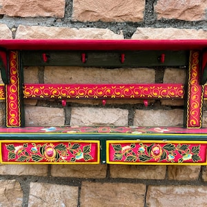 Hand-Painted Indian Art Wood Key Hanger with Storage Drawers & Hooks