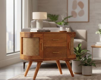Mangohouten bijzettafel met rotan, boho-nachtkastje