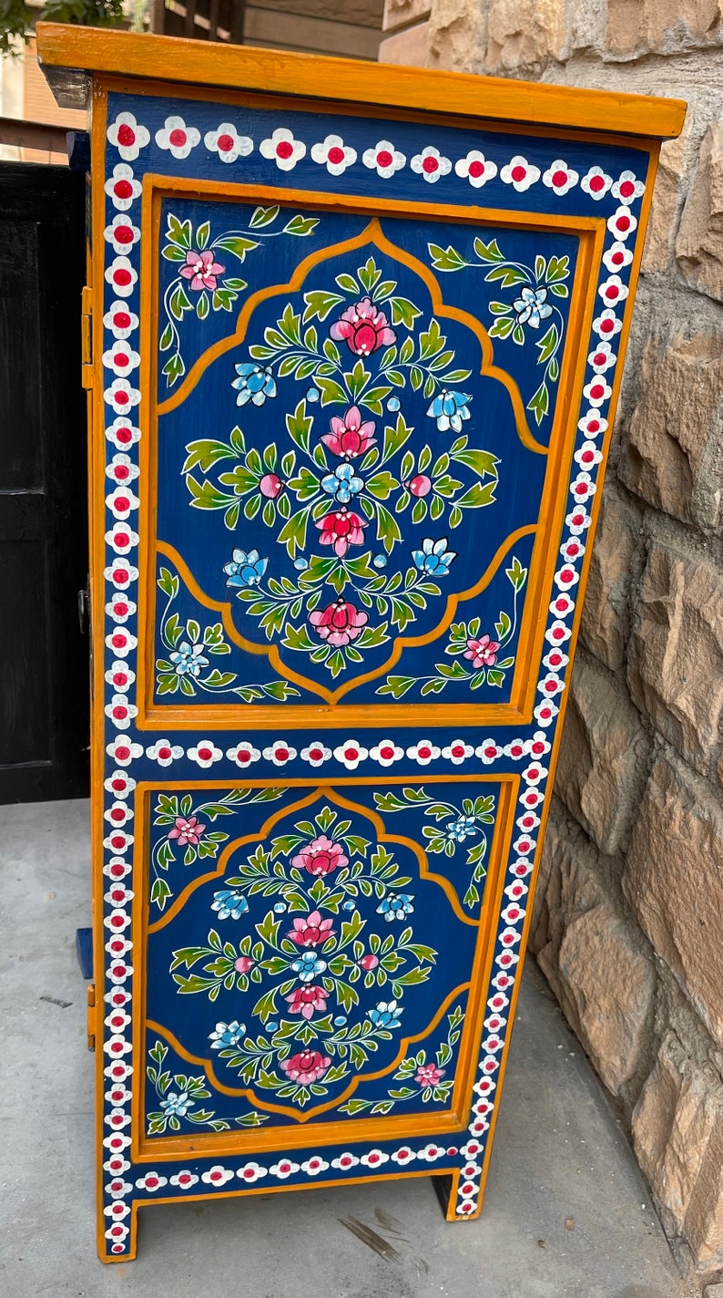 Wooden Painted Cupboard For Living Room Side.Mango Wood Painted By Indian Villagers,Rajasthani Blue Painted Furniture, Bedside Table image 4