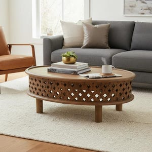 Mango Wood Oval Coffee Table | Indian Boho Lattice Design | Natural Solid Wood Centerpiece for Living Room, Balcony, Lounge