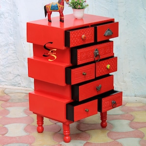 Red Mango Wood Chest of Drawers: 8-Drawer Bedroom Storage