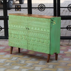 Sage Green Mango Wood Sideboard, Boho Carved Console Cabinet