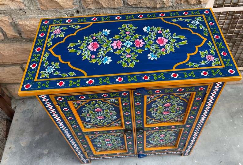 Wooden Painted Cupboard For Living Room Side.Mango Wood Painted By Indian Villagers,Rajasthani Blue Painted Furniture, Bedside Table image 3