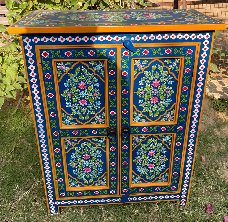 Wooden Painted Cupboard For Living Room Side.Mango Wood Painted By Indian Villagers,Rajasthani Blue Painted Furniture, Bedside Table image 6