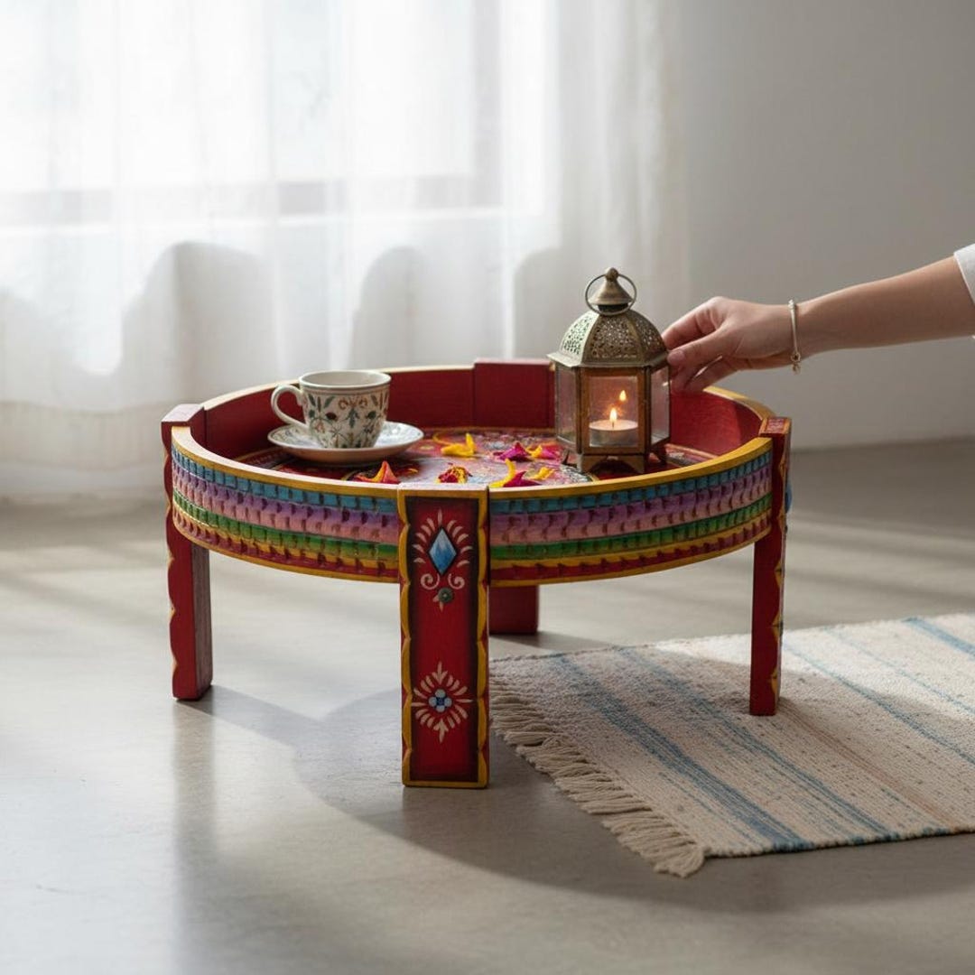 Floral Painted Mango Wood Chakki Coffee Table, Indian Boho Decor