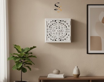 White Polished Wood Wall Cabinet, Carved Floral Decor