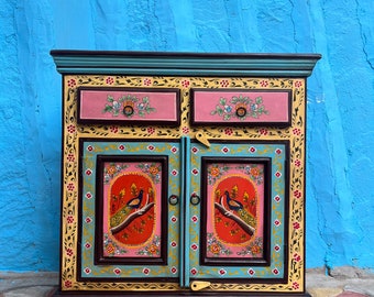 Wooden BeautiFul Indian  Bedside Table, solid Wood Hand-Painted 2 Drawer Cabinet,Wooden Drawer Table Peacock Painted Table
