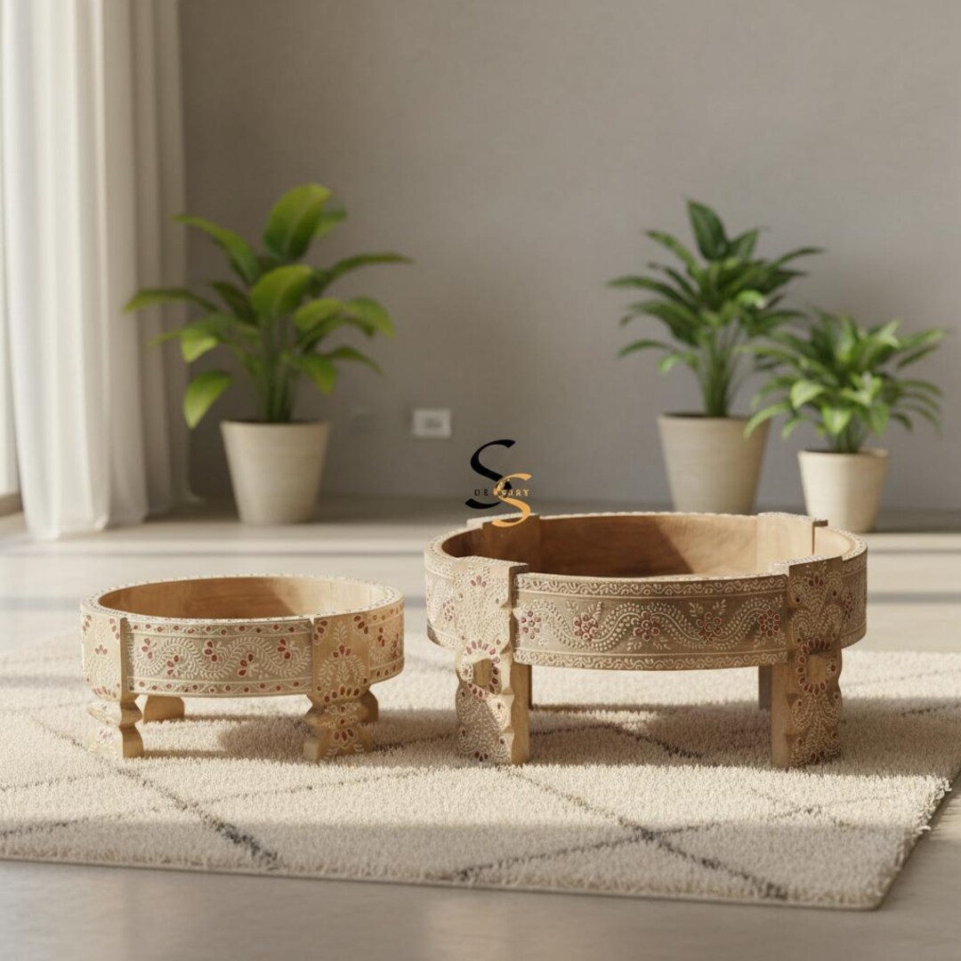 Mango Wood Chakki Set, Ethnic Painted Coffee Table, Boho Decor ,home ...