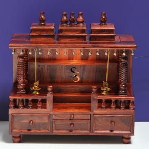 Sheesham Wood South Indian Temple with Brass Bells & Annapakshi Lamp | Dark Brown Pooja Mandir for Home Decor For Worship-Spiritual Peace