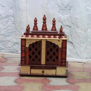 Solid Wood Pooja Mandir | Handicraft Wooden Pooja Temple with Drawers | Wall Hanging Dark Brown Mandir | Brass Fitted Temple for Pooja Room